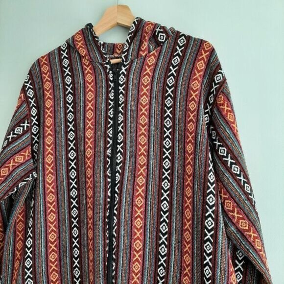 Woven Tribal Boho Full-Zip Hooded Jacket Ethnic Embroidered Fabric Sz L - Picture 4 of 11